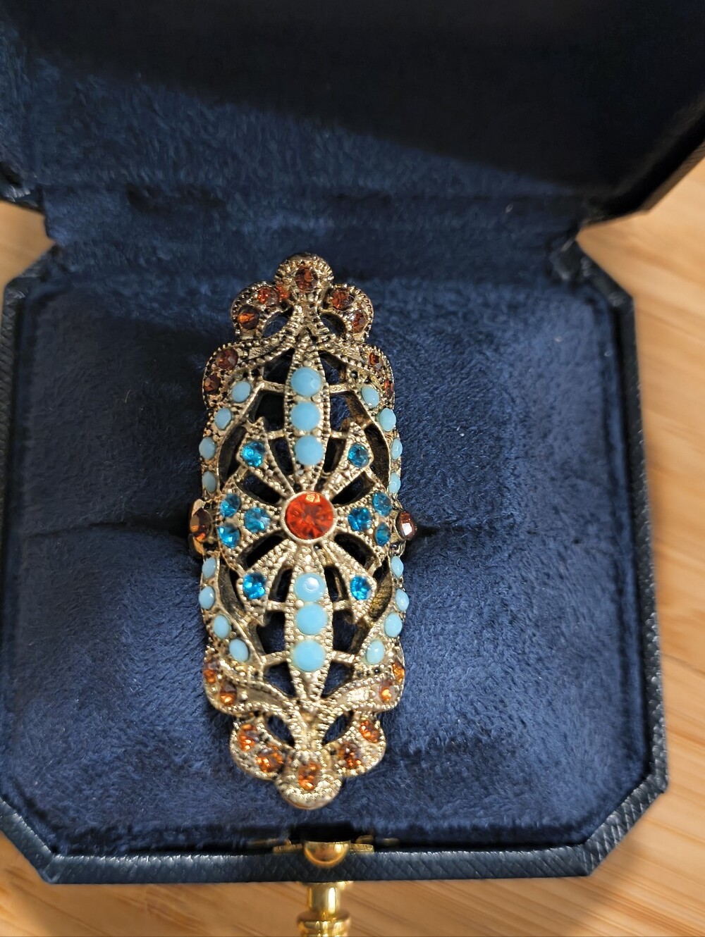 Ornate Bohemian Shield Ring Size 8 Turquoise Amber Filigree Knuckle Statement
